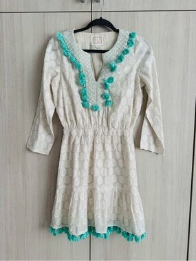 Sail to Sable Cream Mini Dress with Aqua Trim and Shimmer Sz XS